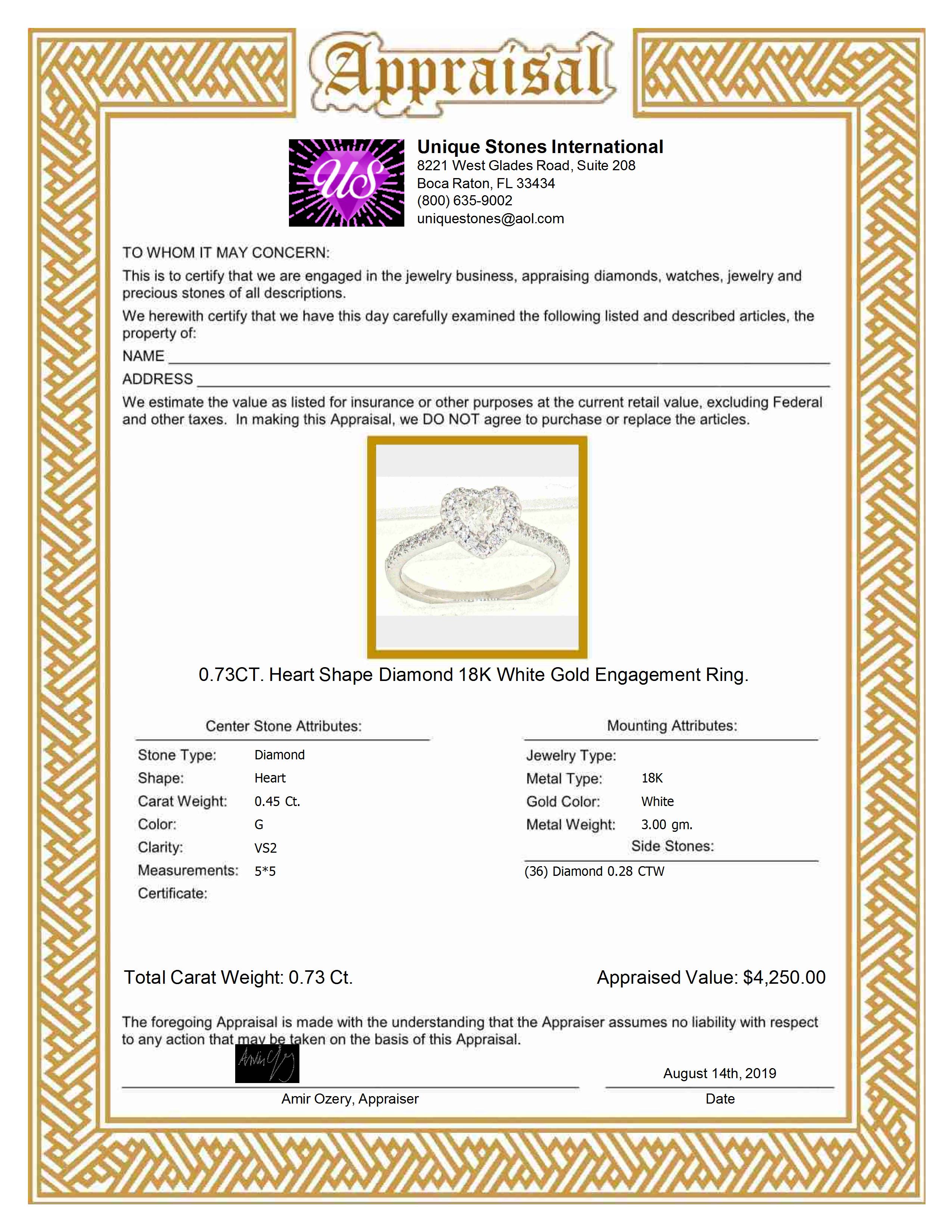 0.73CT. Heart Shape Diamond 18K White Gold Engagement Ring. - Picture 5 of 5