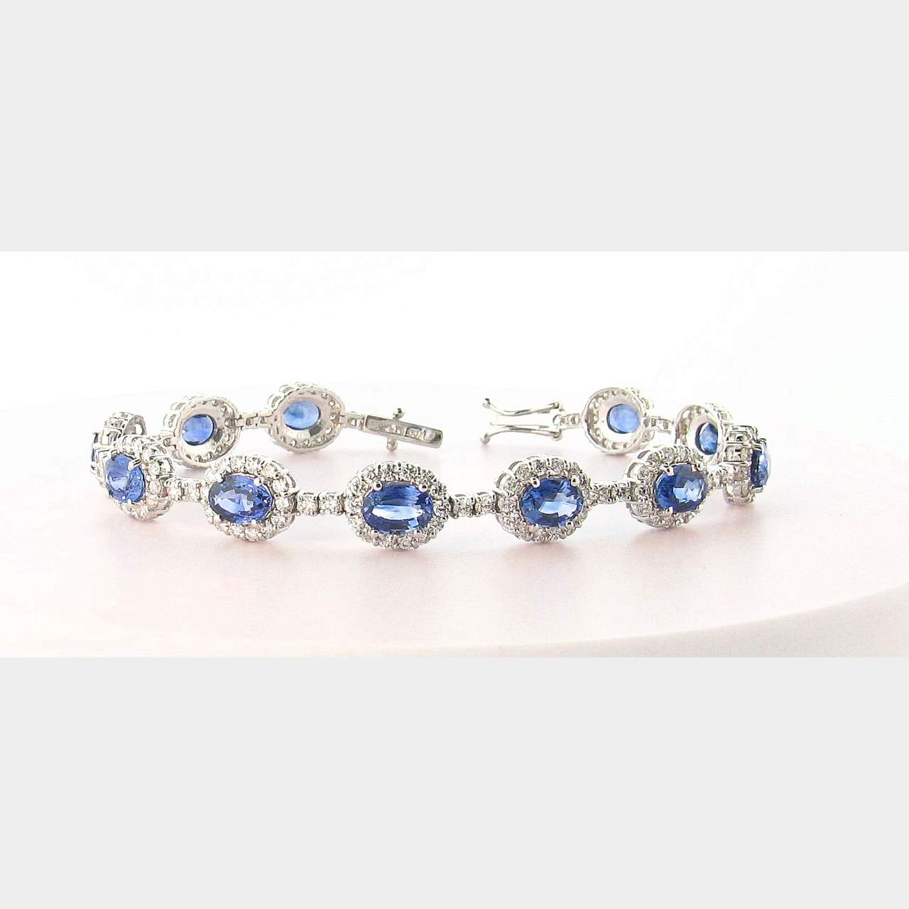 14.28 CT. Natural Oval Sapphire & Diamond 18K White Gold Tennis Bracelet.