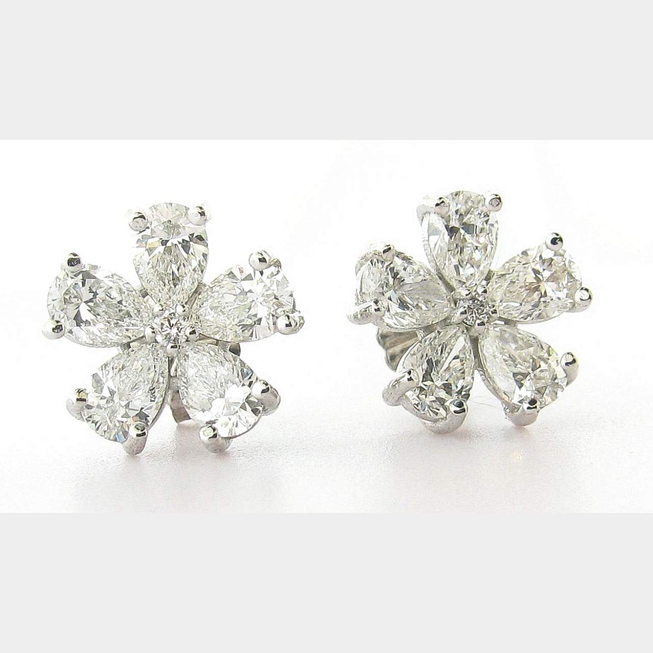 2.10 CT. Natural Pear Shape and Round Diamonds 14K White Gold Stud Flower Earrings.